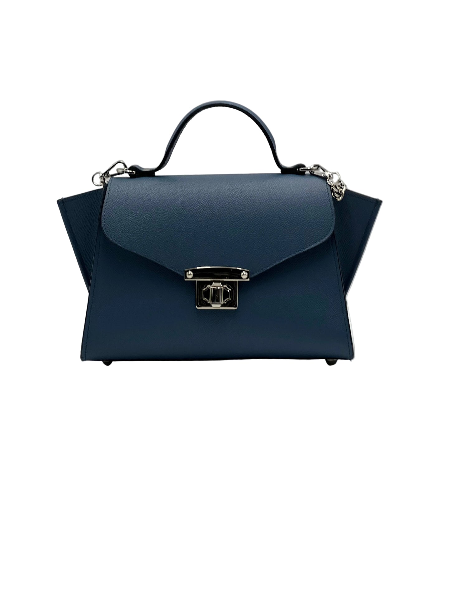 AUREA in vitello indaco, borsa elegante da donna in vera pelle italiana dal design minimal e leggero.