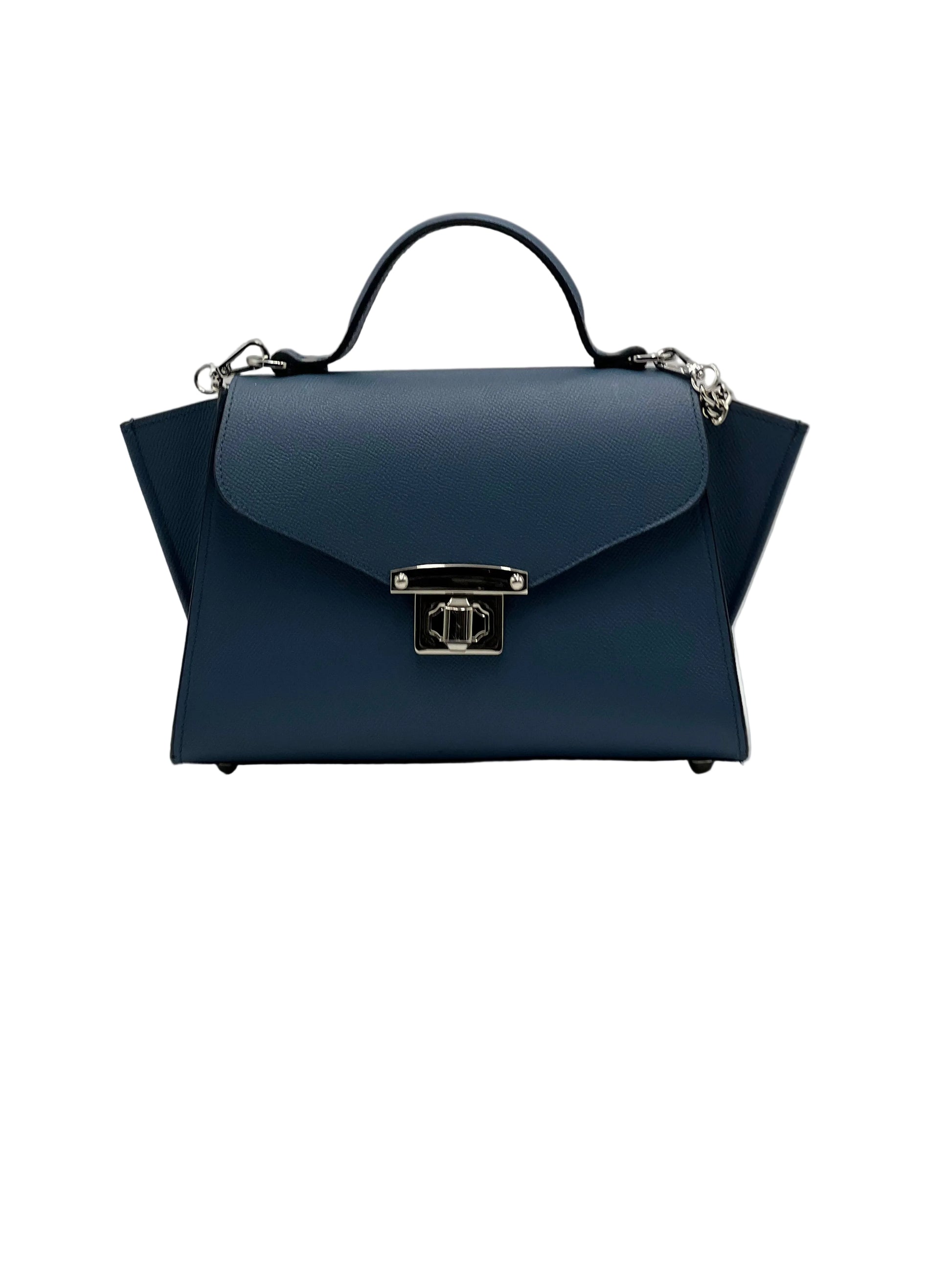 AUREA in vitello indaco, borsa elegante da donna in vera pelle italiana dal design minimal e leggero.