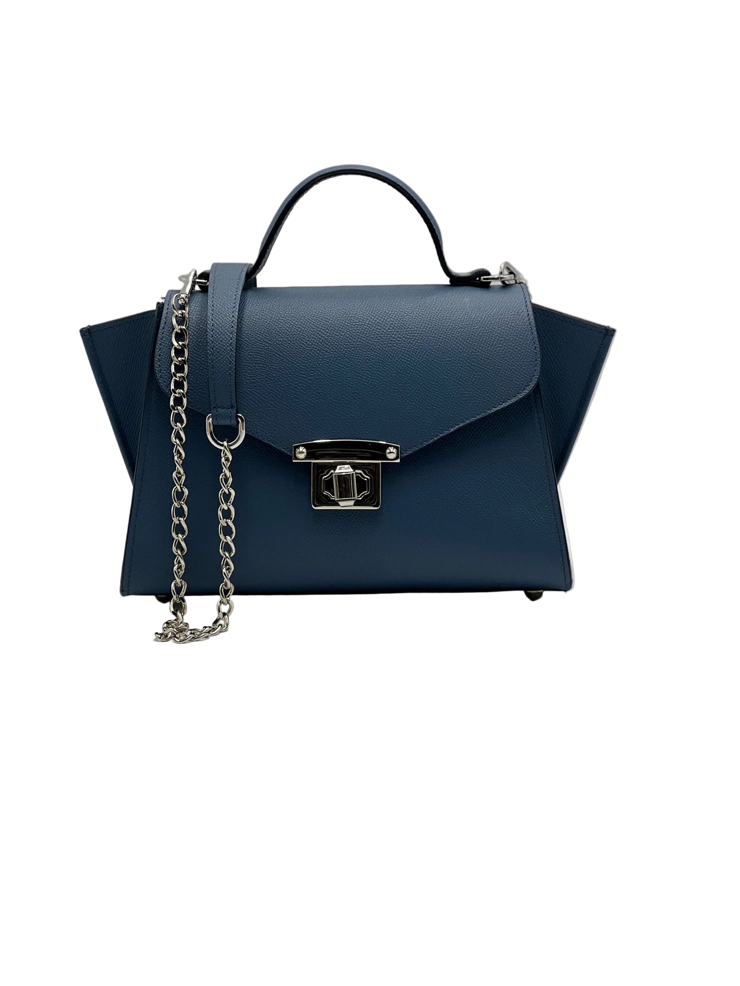 AUREA in vitello indaco, borsa elegante da donna in vera pelle italiana dal design minimal e leggero.