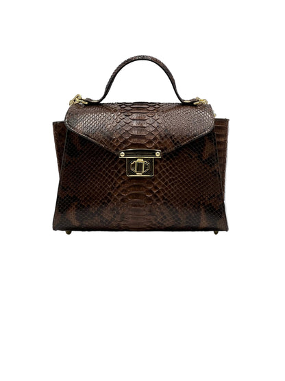 AUREA in pitone marrone, borsa elegante da donna in pelle effetto pitone dal design minimal e sofisticato.