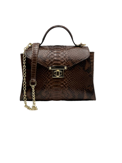 AUREA in pitone marrone, borsa elegante da donna in pelle effetto pitone dal design minimal e sofisticato.